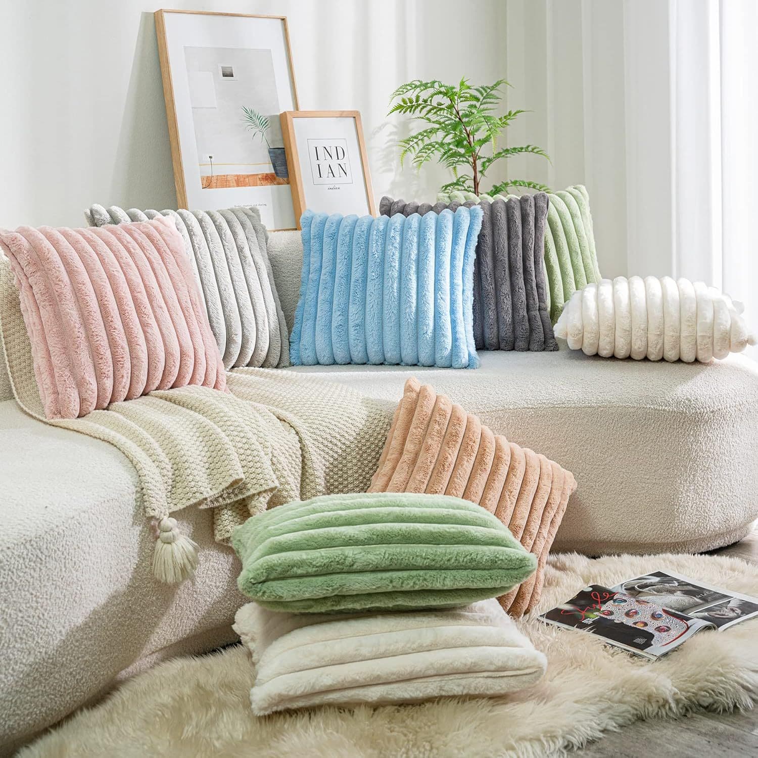 Multi-color rabbit fur strip pillowcase foreign trade high weight autumn and winter warm sofa nap bedroom plush pillowcase