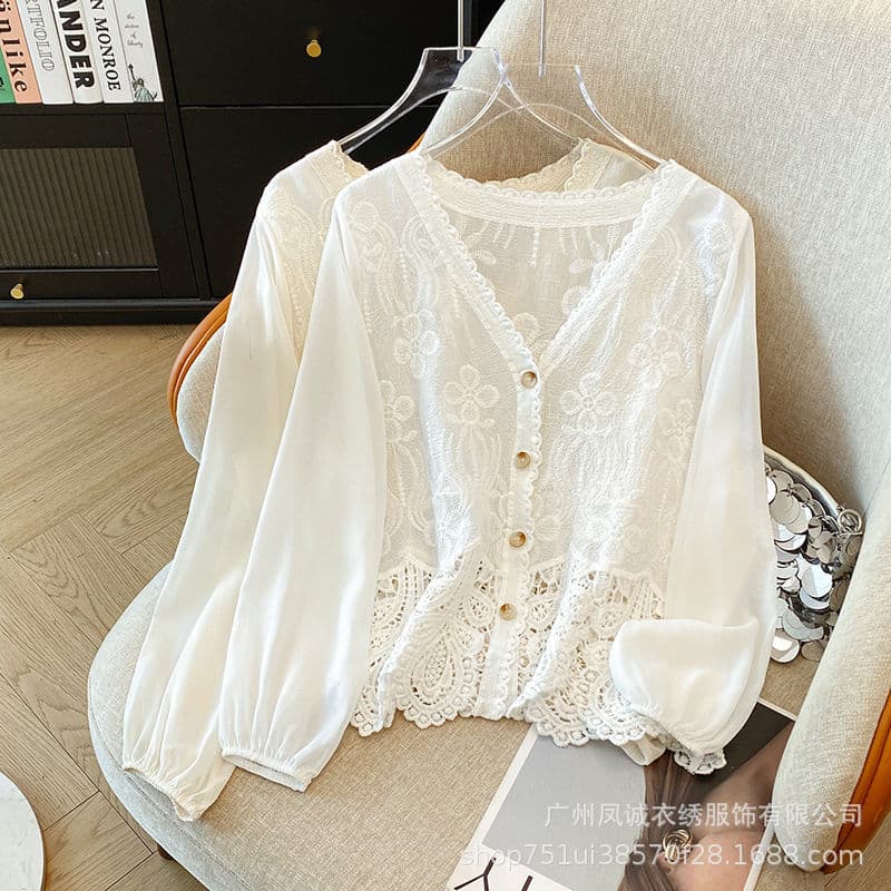 Spring and Summer New V-Neck Long Sleeve Chiffon Blouse Premium Patchwork Hook Flower Embroidery Hollow Lace Sweet Top