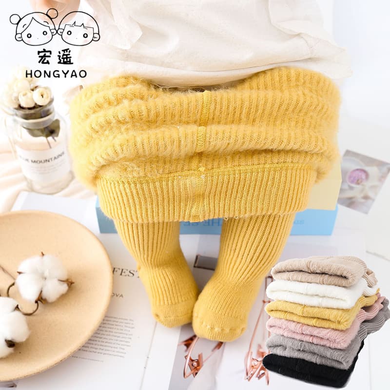 Thickened Fleece Children's Pantyhose Baby Autumn Winter Base Layer Pants Long Hair Tights Baby Fleece Pants High Waist Elastic Waistband