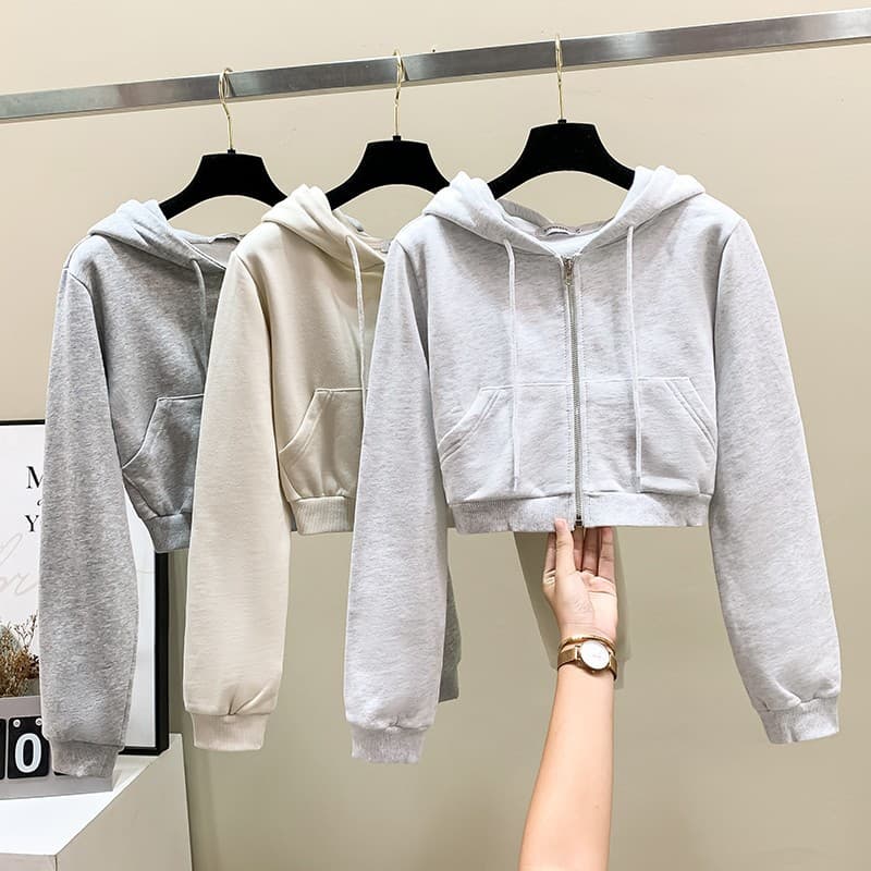 Fleece-lined Spring/Autumn Korean Style 2026 New Ins Simple Zip-up Hooded High-waist Short Cardigan Sweatshirt for Women