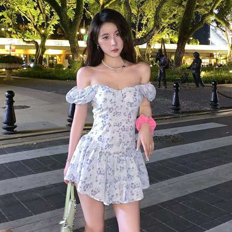 2026 Fairy Gentle Floral Print Dress Puff Sleeve Fresh Square Neck Short Sleeve New Stylish Elegant Mini Dress