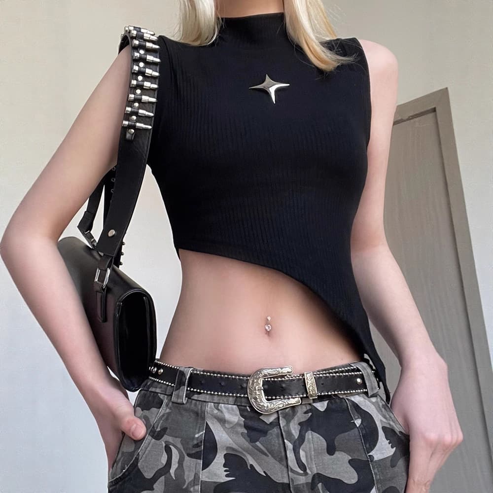 Street Style Techwear Short Cropped Irregular Vest Top with Half High Collar Metal Trim Sleeveless Women's Top