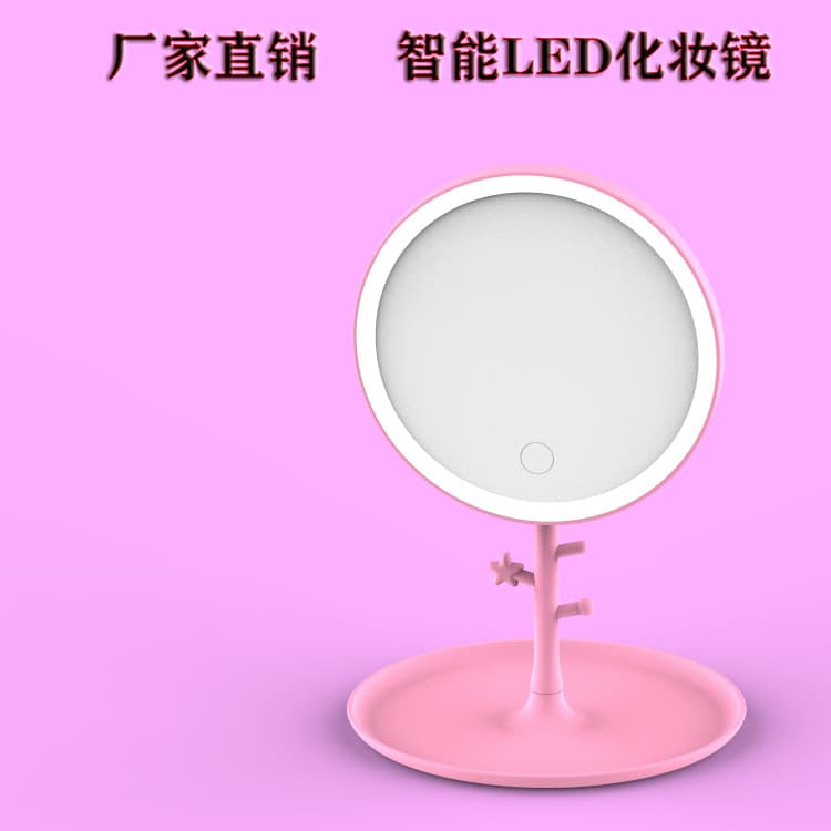 Wholesale cross-border LED mirror with lights, round desktop style, rechargeable, touch-sensitive, stepless dimming, three-color LED makeup mirror