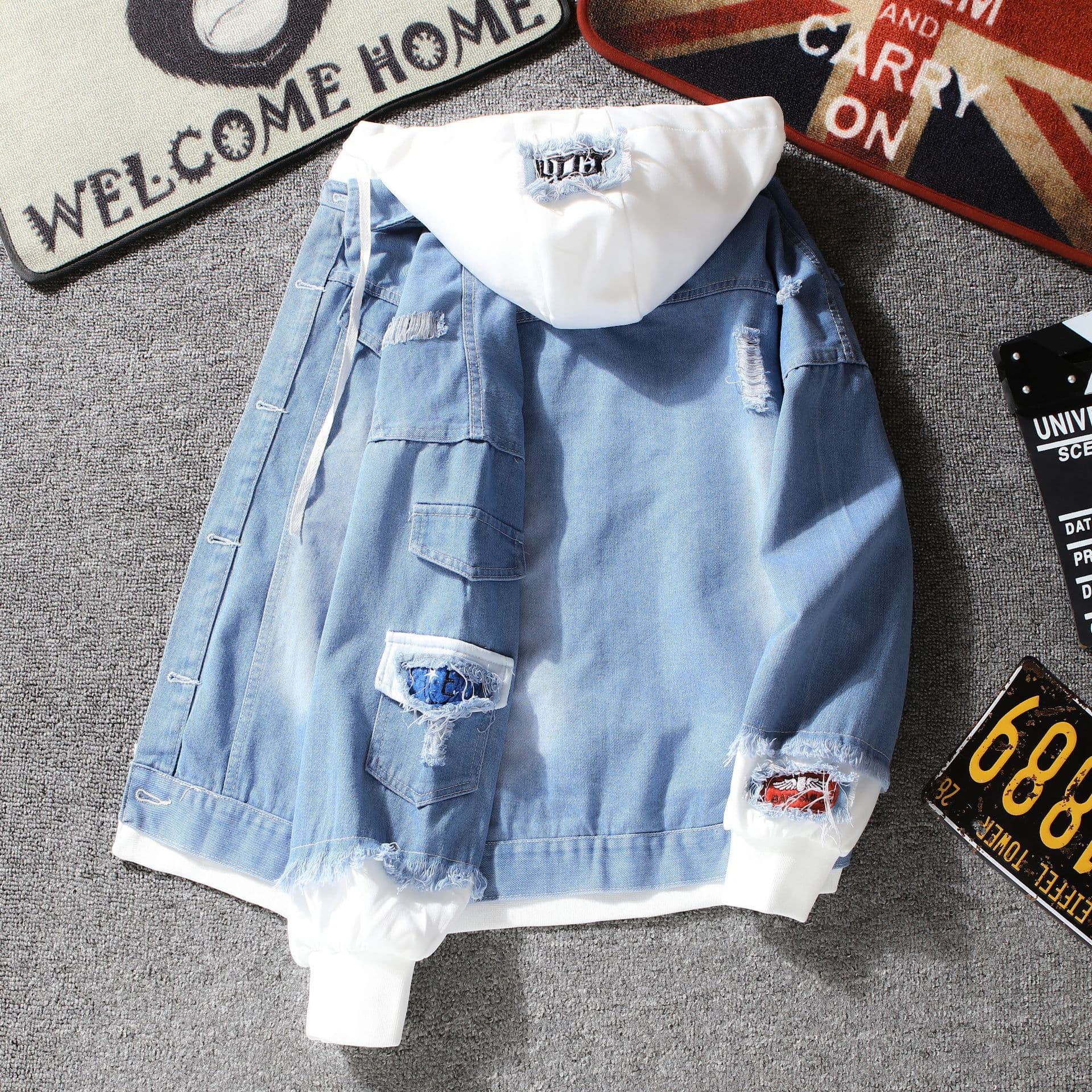 [Speed Lion] Denim Jacket Men's Fake Two-Piece Hooded Contrast Color Korean Style Trendy Versatile Loose Casual Jacket