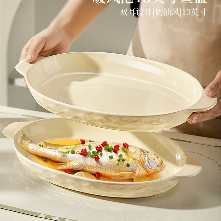 Deepened Double-Eared Fish Plate Household Steamed Fish Plate 2025 New Style Ceramic Fish Bowl Fish Basin Fish Plate Large Size