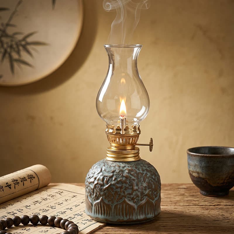 New Chinese style ceramic butter lamp, tea lamp, glass kerosene lamp, old-fashioned home study, bedroom, long-bright lamp, night light