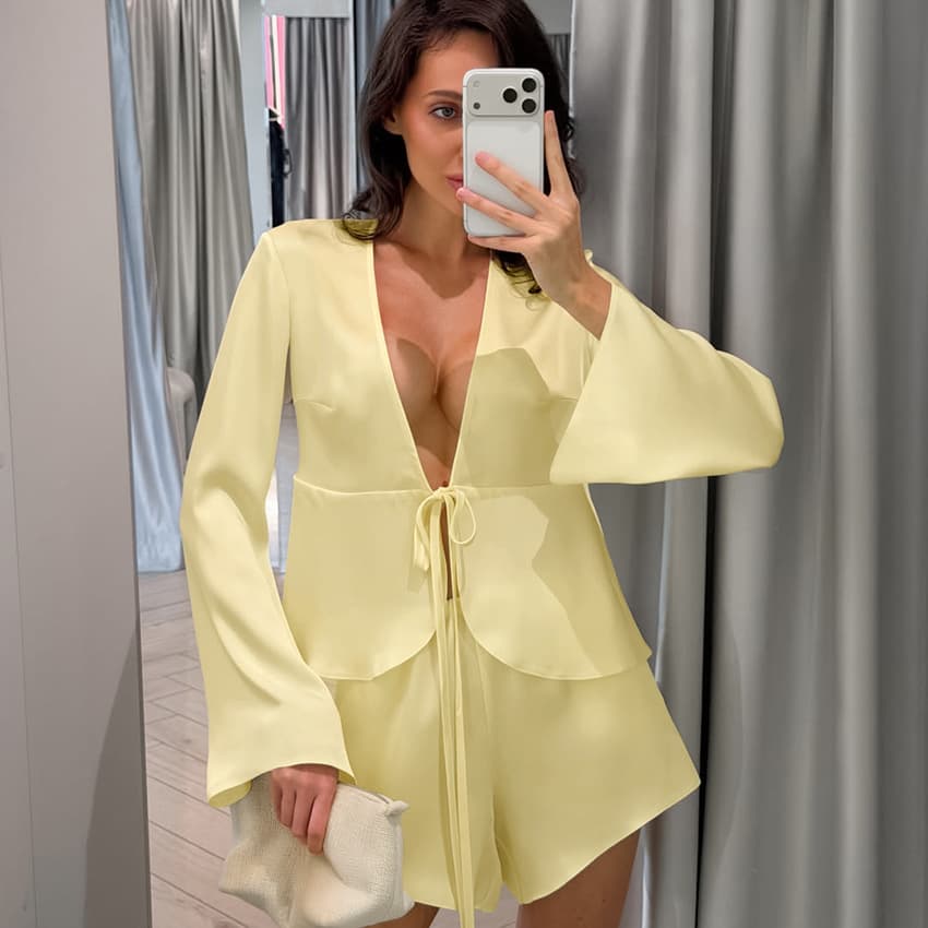 Cross-border Supply European and American Style Satin Pajama Set Tie Long Sleeve Shorts Autumn New Women's Sleepwear Wholesale