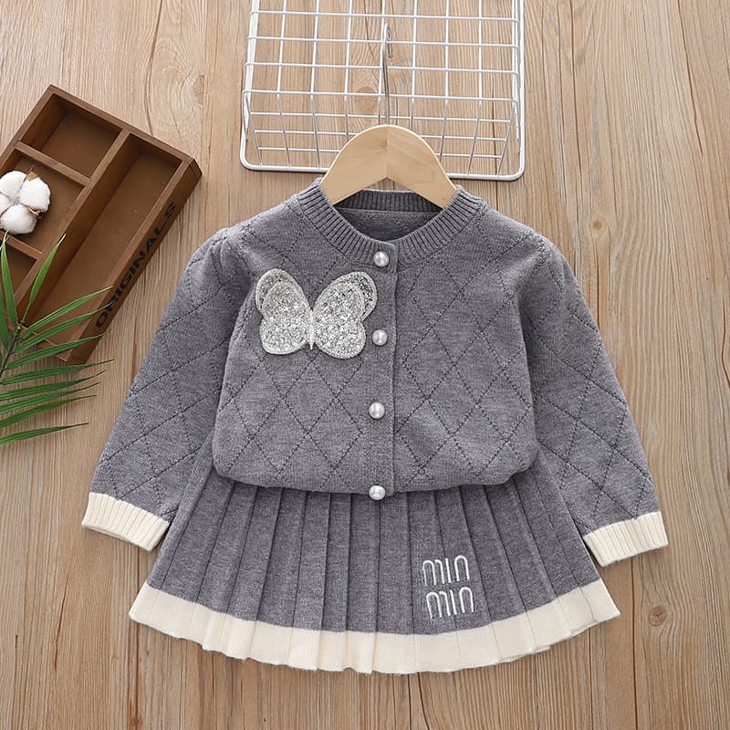 Girls' Preppy Style Skirt Set Fall Winter 2024 New Trendy Children's JK Princess Dress Baby Knit Two-Piece Set