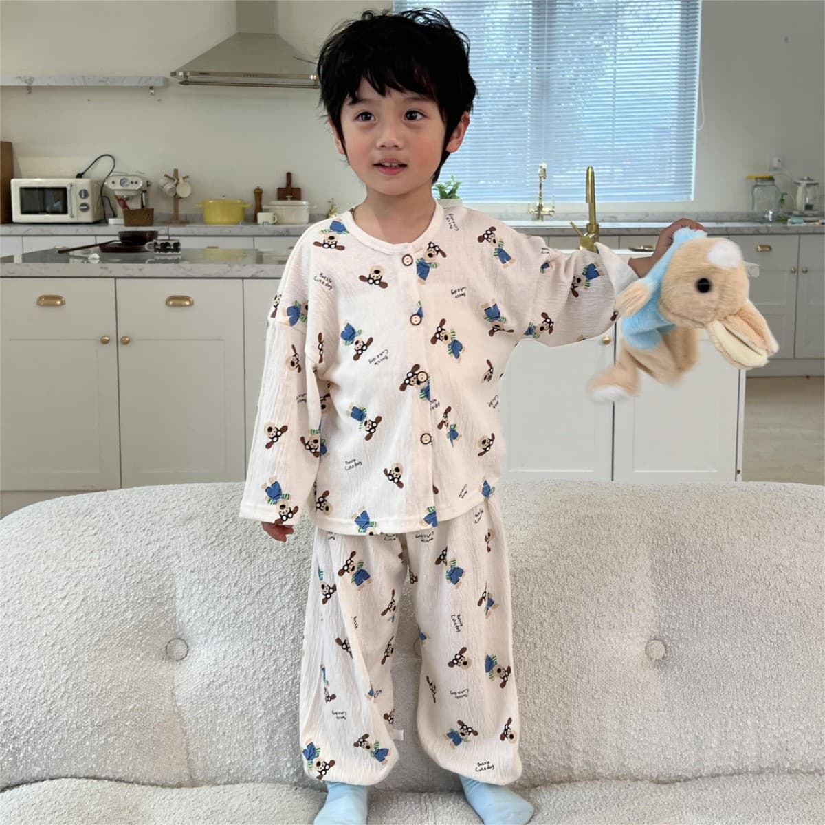 Children's Stretch Cotton Gauze Set Spring/Summer Cartoon Homewear Boys Air Conditioning Suit Girls Cute Lace Homewear