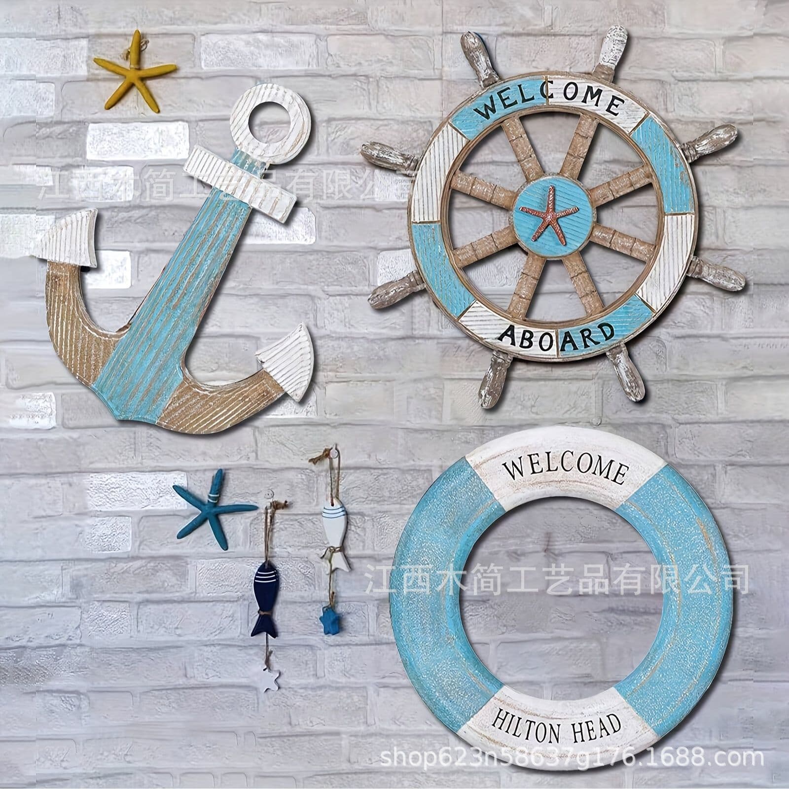 Cross-border Best-selling Nautical Style Wall Decor Wooden Anchor Steering Wheel and Lifebuoy Mediterranean Style Creative Wall Hanging