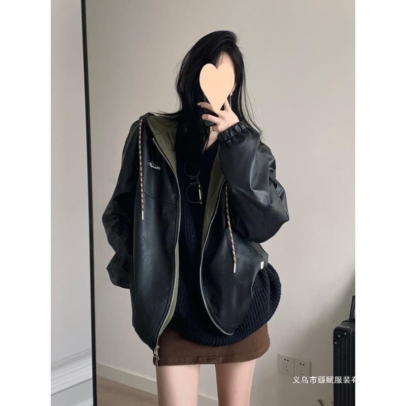 Autumn/Winter Retro American Lazy Vibe Leather Baseball Jacket Unisex Street Sport Casual Style Hooded Coat