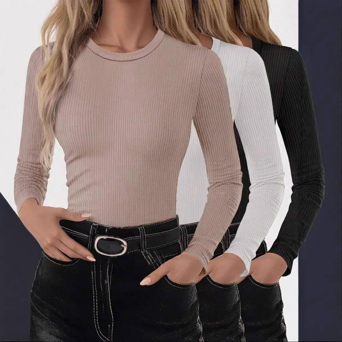 2026 European and American Cross-Border New Style Women's Long-Sleeved Elastic Round-Neck Ribbed T-Shirt Women's Slim Casual Basic Top