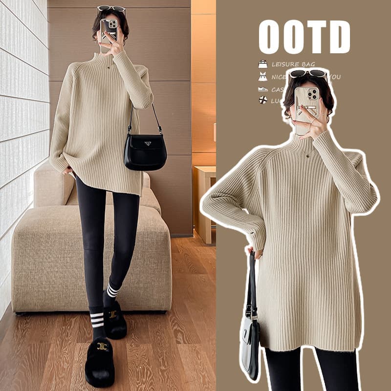 Maternity Base Layer Autumn/Winter Style Innerwear Plus Size Knit Loose Half High Neck Sweater Mid-Long Thickened Winter Top
