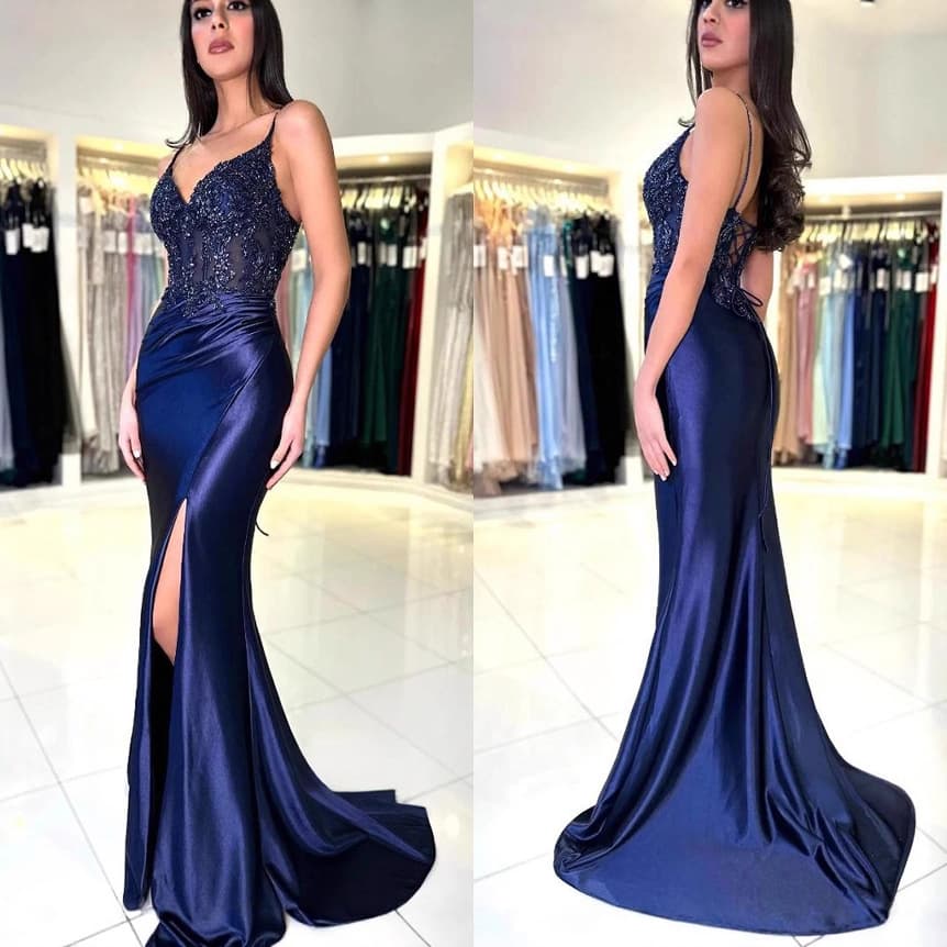 Deep Blue Strapless Evening Dress Cross-border AliExpress Slim Fishtail Bodycon Side Slit High-end Fashion Party Long Dress