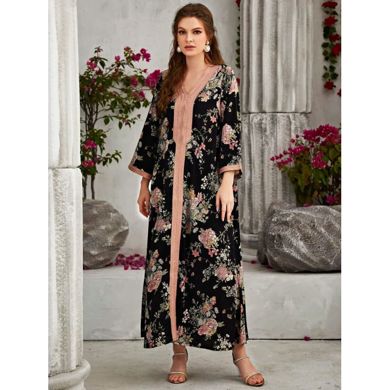 Amazon Cross-Border Best-Selling Abaya Women Dresses Floral Print Dress
