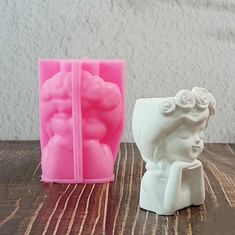 Girl Flower Pot Ornament Mold Candle Plaster DIY Plaster Ornament Candle Holder Silicone Mold W0860