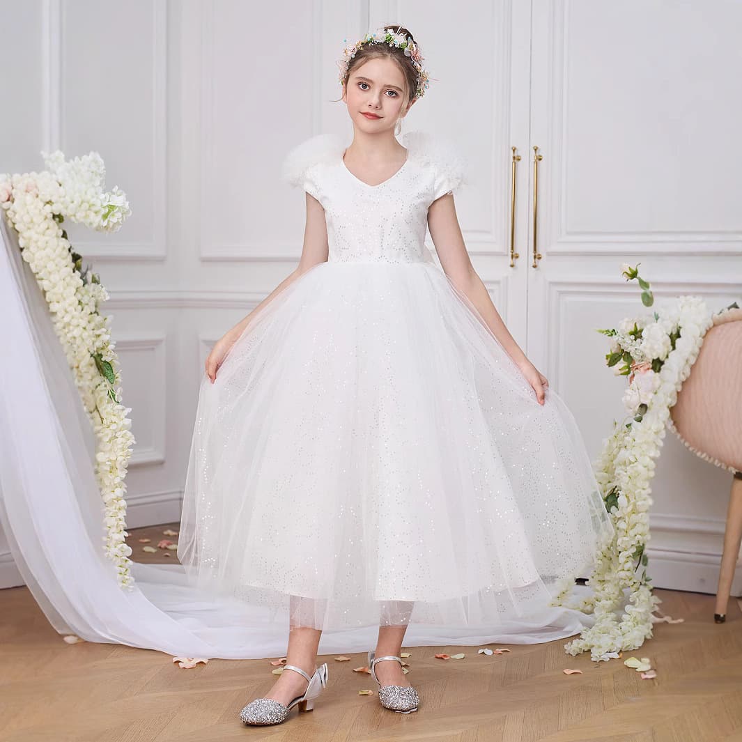 New Children's Wedding Flower Girl Dress White Deep V Back Detachable Bow Princess Dress for Older Kids