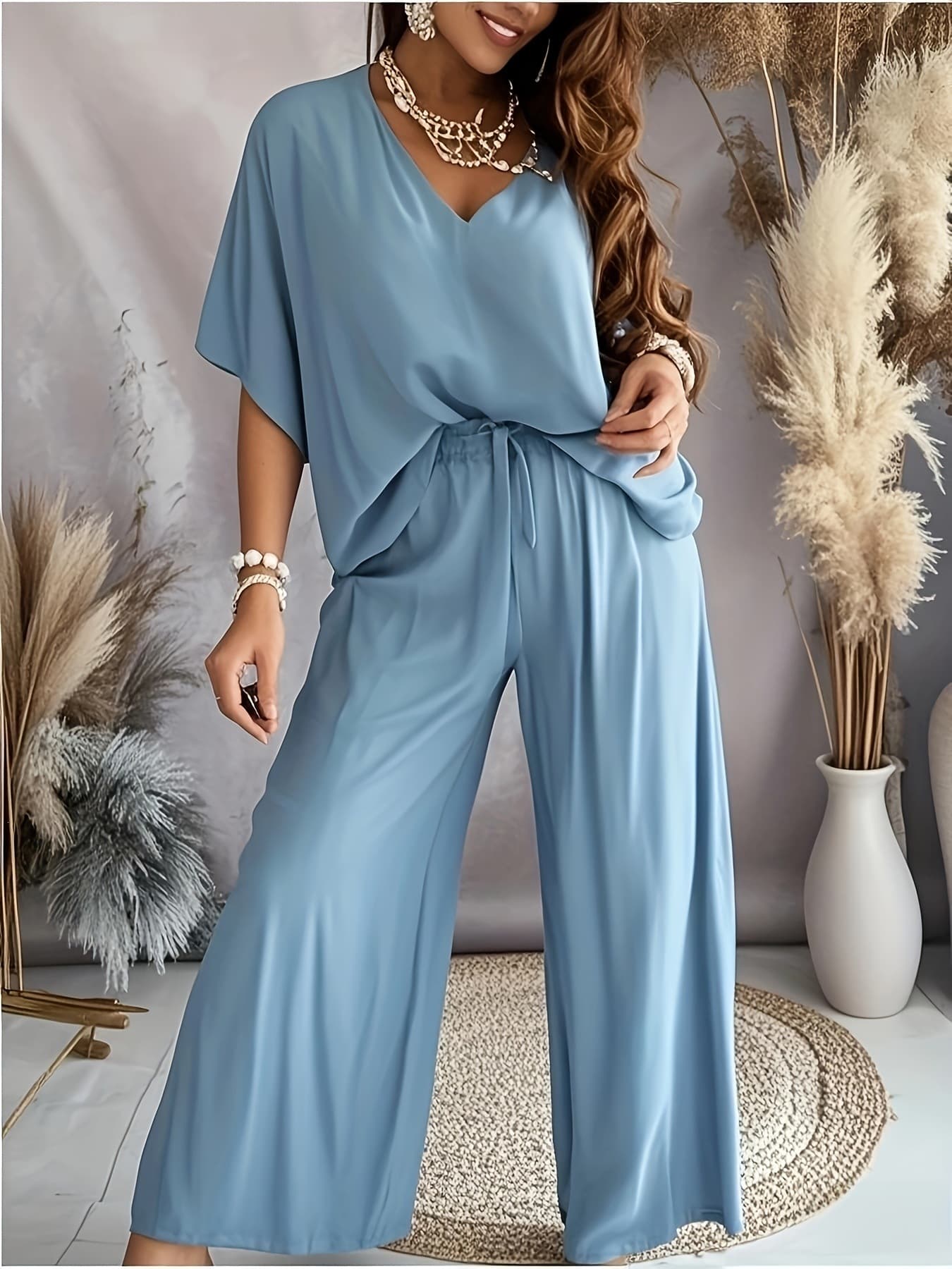 W 75292 V Neck Batwing Sleeve Top Tie Pants Set