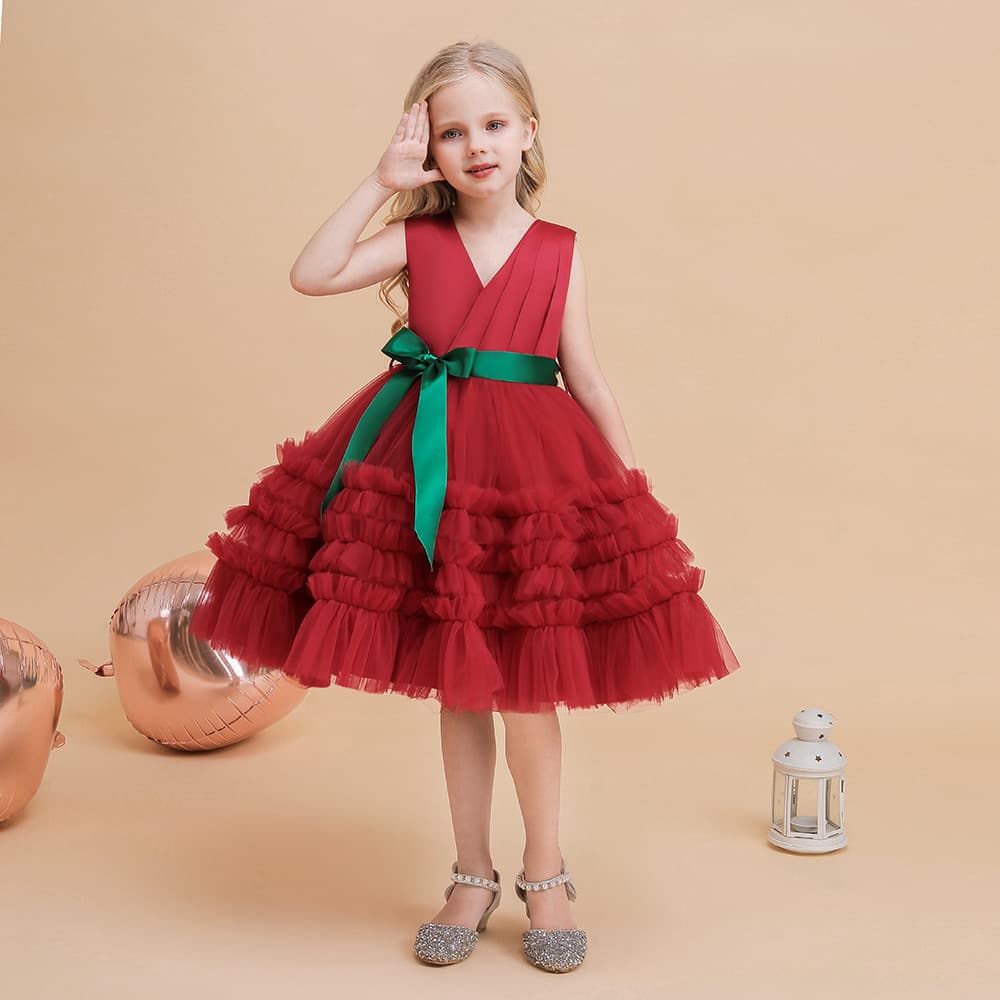 Christmas Princess Dress Girls Party Wedding Gown V-neck Color Block Cake Skirt Cute Butterfly Knot Polyester Cotton Blend