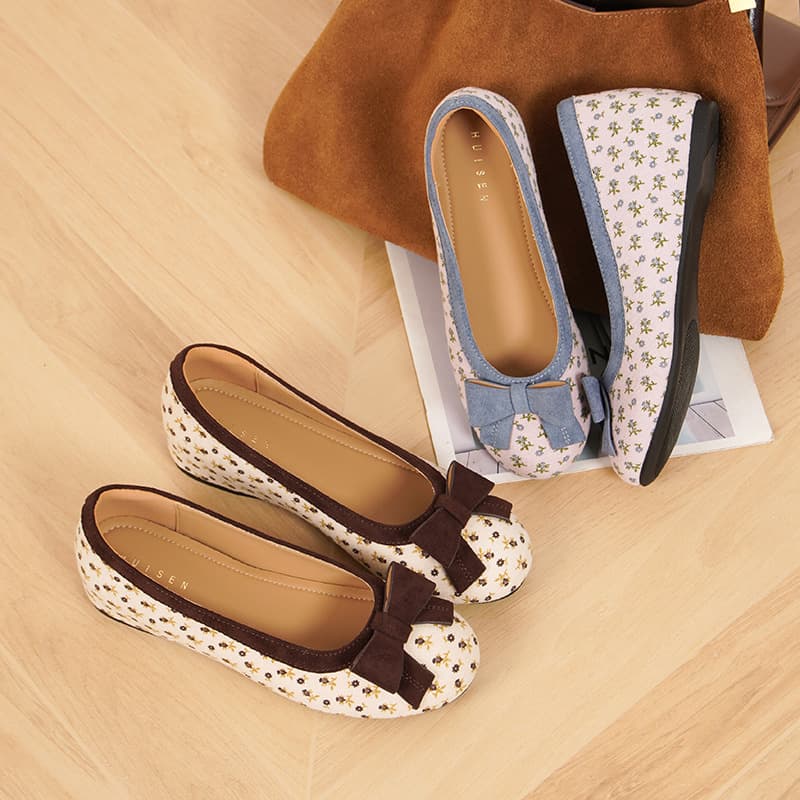 [4CM Inner Height] Retro Floral Bow Ballet Shoes for Dresses Casual Mary Jane Shoes Inner Color Block