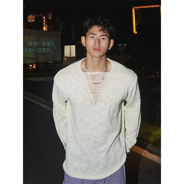Spring/Fall Sheer Knit Sweater for Men Deep V-Neck Relaxed Pullover Thin Distressed Design Top
