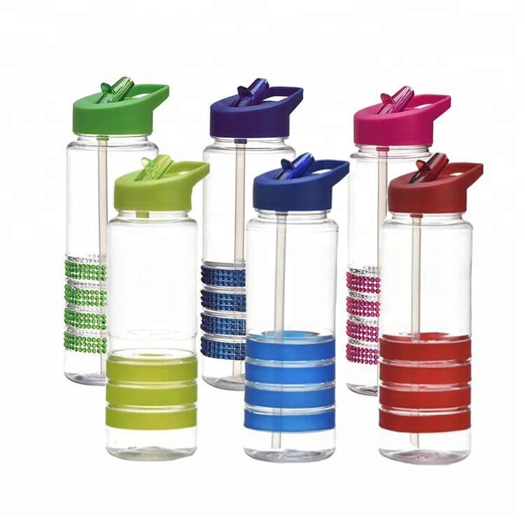 Sports Water Bottle 750ml Large Capacity Plastic Cup Gym Straw Space Cup Water Bottle Four-Stripe Rhinestone Cup