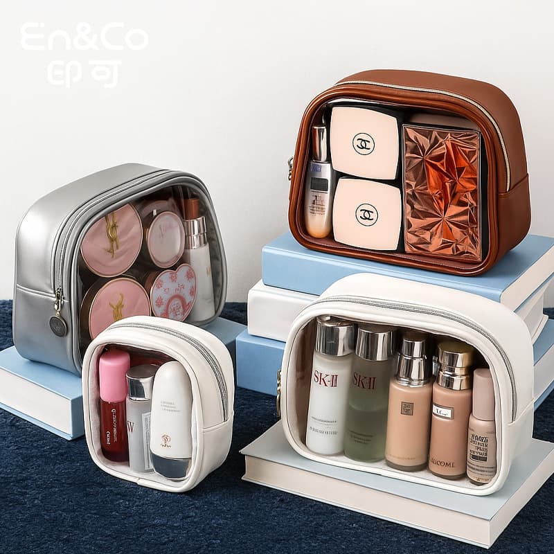 Luxury PU Transparent Toiletry Bag, Large Capacity Travel Cosmetics Organizer, Waterproof, Portable Makeup Bag with Partitioned Storage