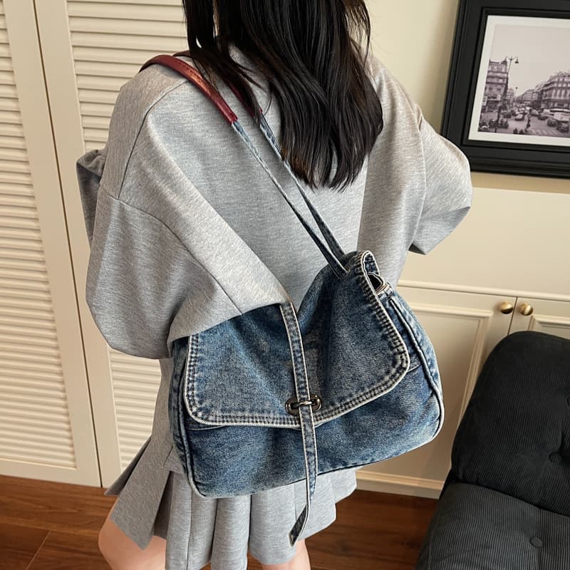 Washed Denim Casual Bag Vintage Style Fashion Couple Shoulder Bag Large Capacity Men's Crossbody Bag Student