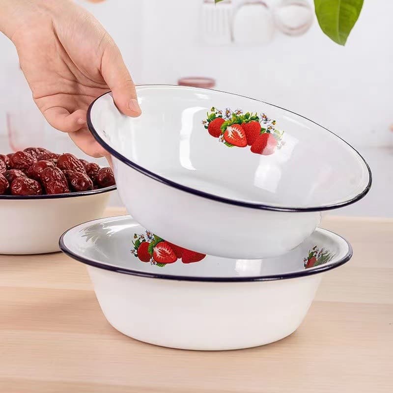 Wholesale Floral Pattern Household Large Capacity Enamel Deep Basin Bowl Thickened Household Rolled Edge Bowl Deep Enamel Bowl