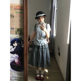 Set Women High Waist Stunning T-Shirt Plaid Skirt Lace Gray Daily Japanese Summer Retro Short Sleeve Playful Small