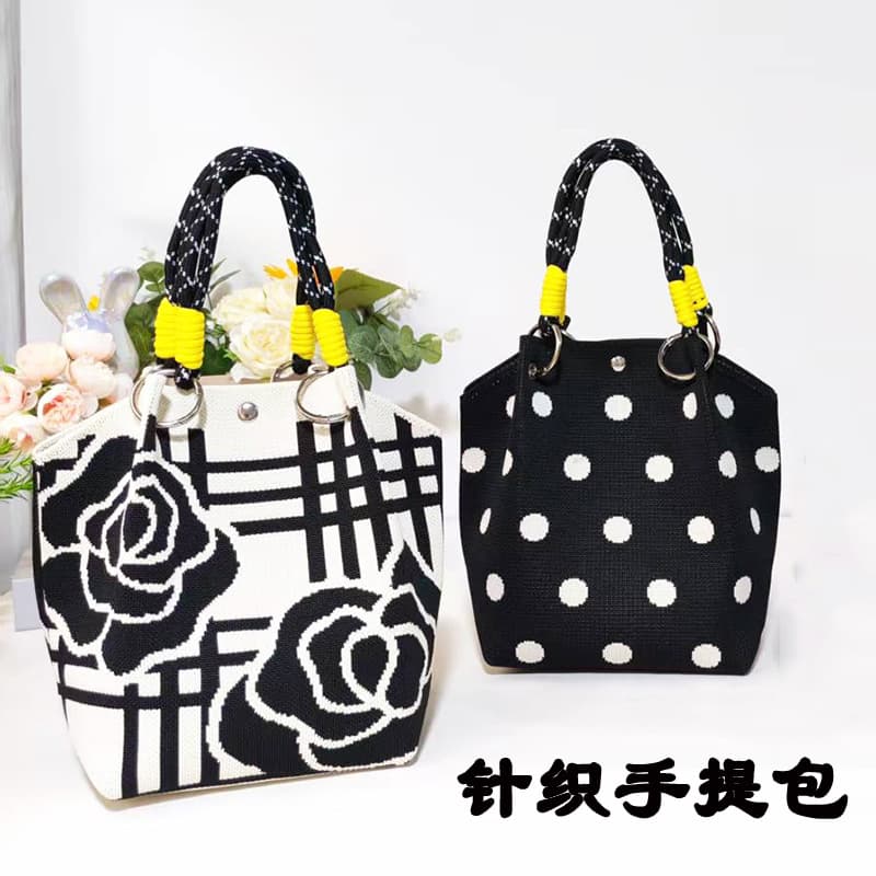New spring and summer knitted bucket bag for women, cute black and white flower handbag, versatile for commuting and going out, handbag