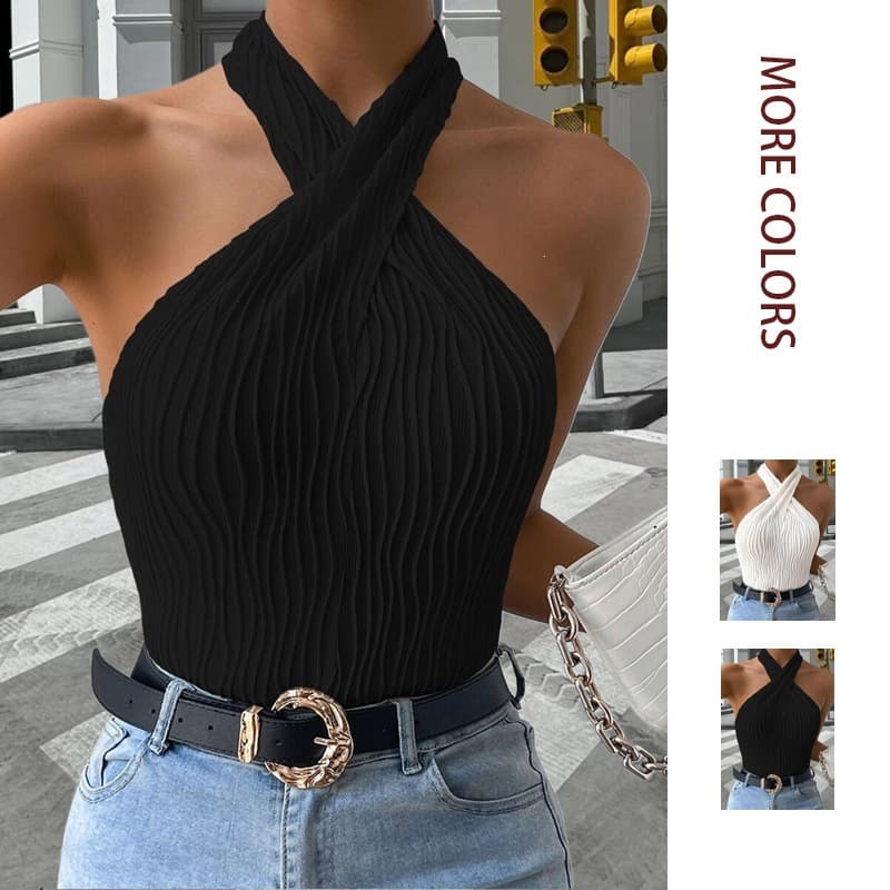 2026 Summer New Arrival Independent Station Europe and America Tiktok Cross-border Women's Sexy Halterneck Wavy Pattern Solid Color Vest