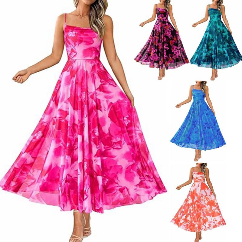 Evening dress dress European and American printed women's suspenders flower shoulder straps thin foreign trade double layer mesh Amazon