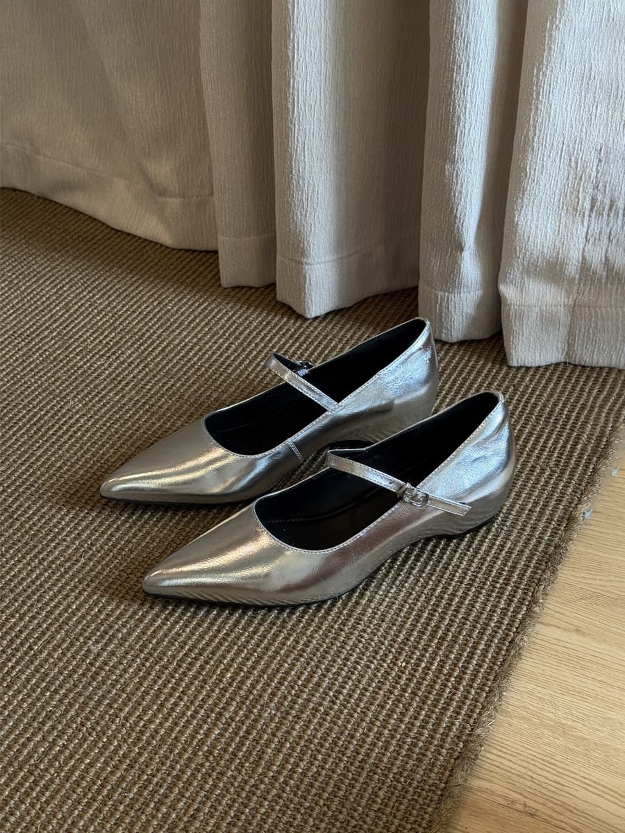 Lambskin version ~ French pointed toe wedge heel silver Mary Jane shoes for women, low-cut, single buckle strap, elegant commuter shoes