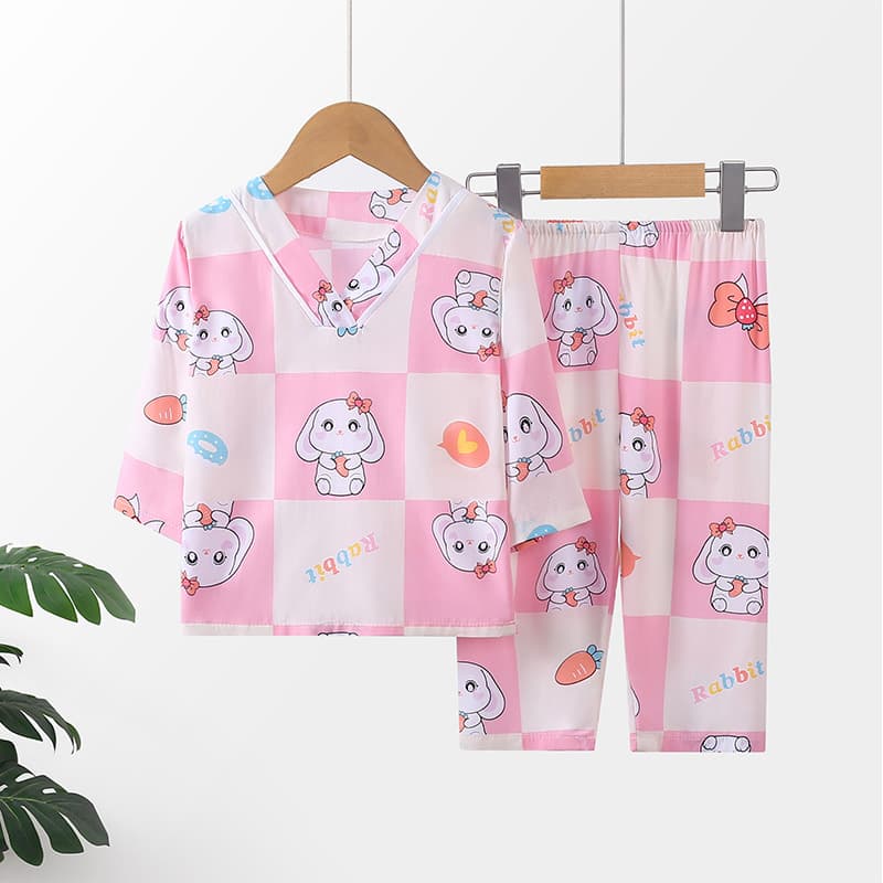 Children's Cotton Silk Pajama Set Thin Boys Girls Summer Cotton Silk Air-Conditioned Clothes Baby Girls Long-Sleeve Loungewear