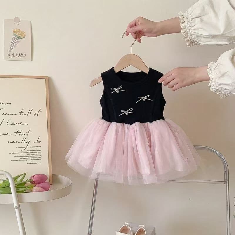 Girls summer new black and pink contrasting color dress khaki Korean style ballet style bow princess suspender skirt
