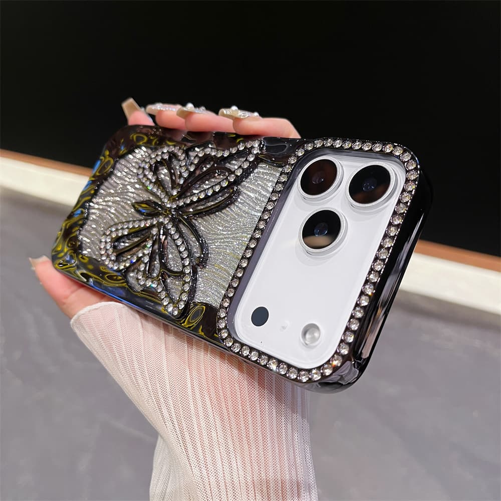 Light Luxury Rhinestone Butterfly Phone Case for iPhone 17, Hollow-Out Diamond-Studded Electroplated Shockproof Soft Case for Apple 16/15