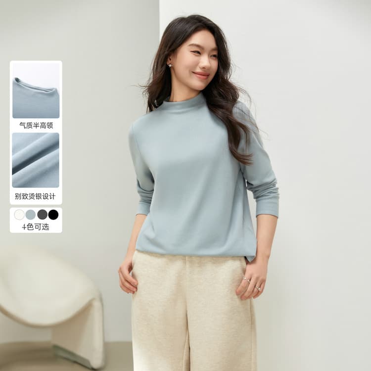 【Fashionable Silver-Printed Semi-High Neck Versatile T-Shirt】Xianlixiu Plus-Size Women's Clothing for Curvy Girls, 2025 Spring New Arrival