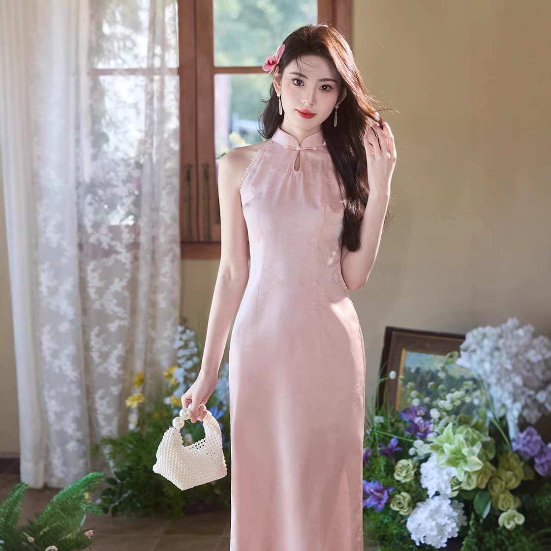 2025 New Chinese Cheongsam Toast Dress Wedding Door Bride Casual Engagement Pink Sleeveless Neck