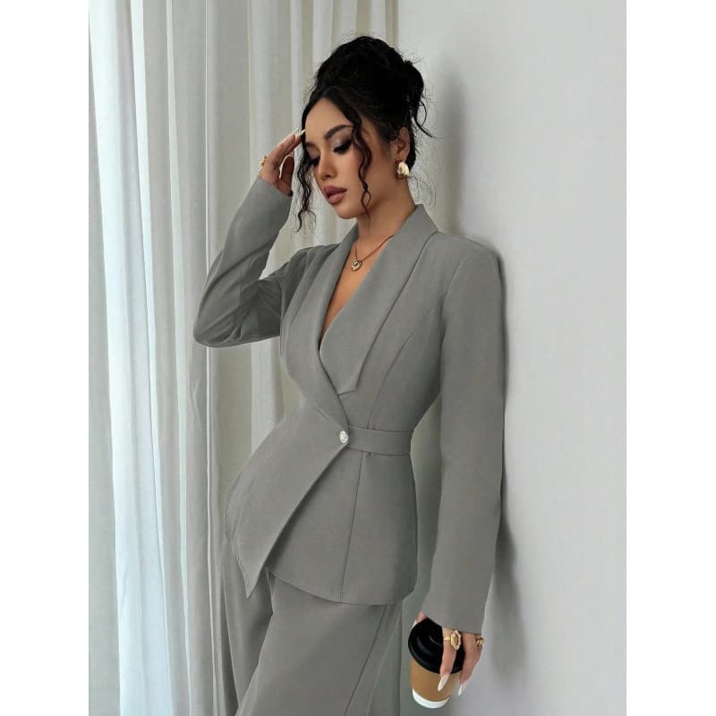 Women's European and American Fashion Spring Autumn Casual Suit, Solid Color V-Neck Long Blazer with Wide-Leg Pants Two-Piece Set