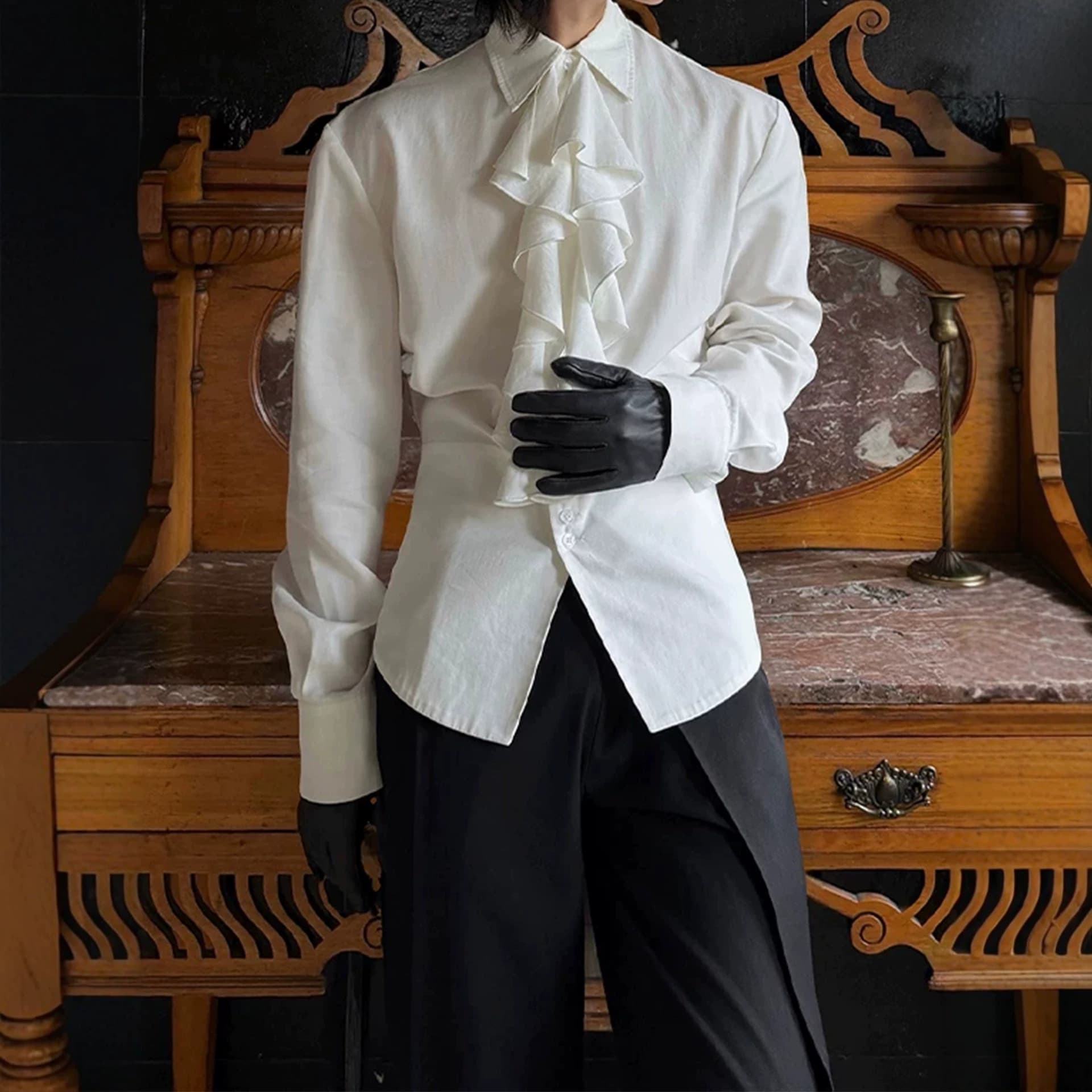 British yuppie detachable lotus leaf collar long-sleeved shirt for men in spring and summer light luxury palace style personalized and versatile shirt