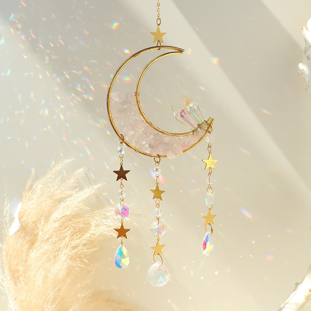 Instagram Amazon Cross-border Dreamy Crystal Moon Natural Stone Decor with Metal Star Hanging for Bedroom