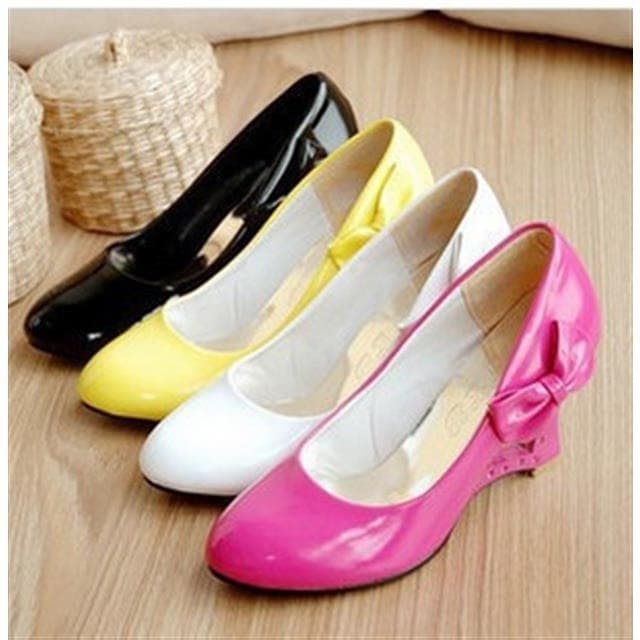 FS511155 New Spring/Autumn Wedge Flat Shoes Bow Patent Leather White Large Size Shallow Mouth Korean Style Shoes