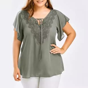 Amazon Best Seller Women's Flared Sleeve Short Sleeve T-Shirt with Lace Trim Top Plus Size