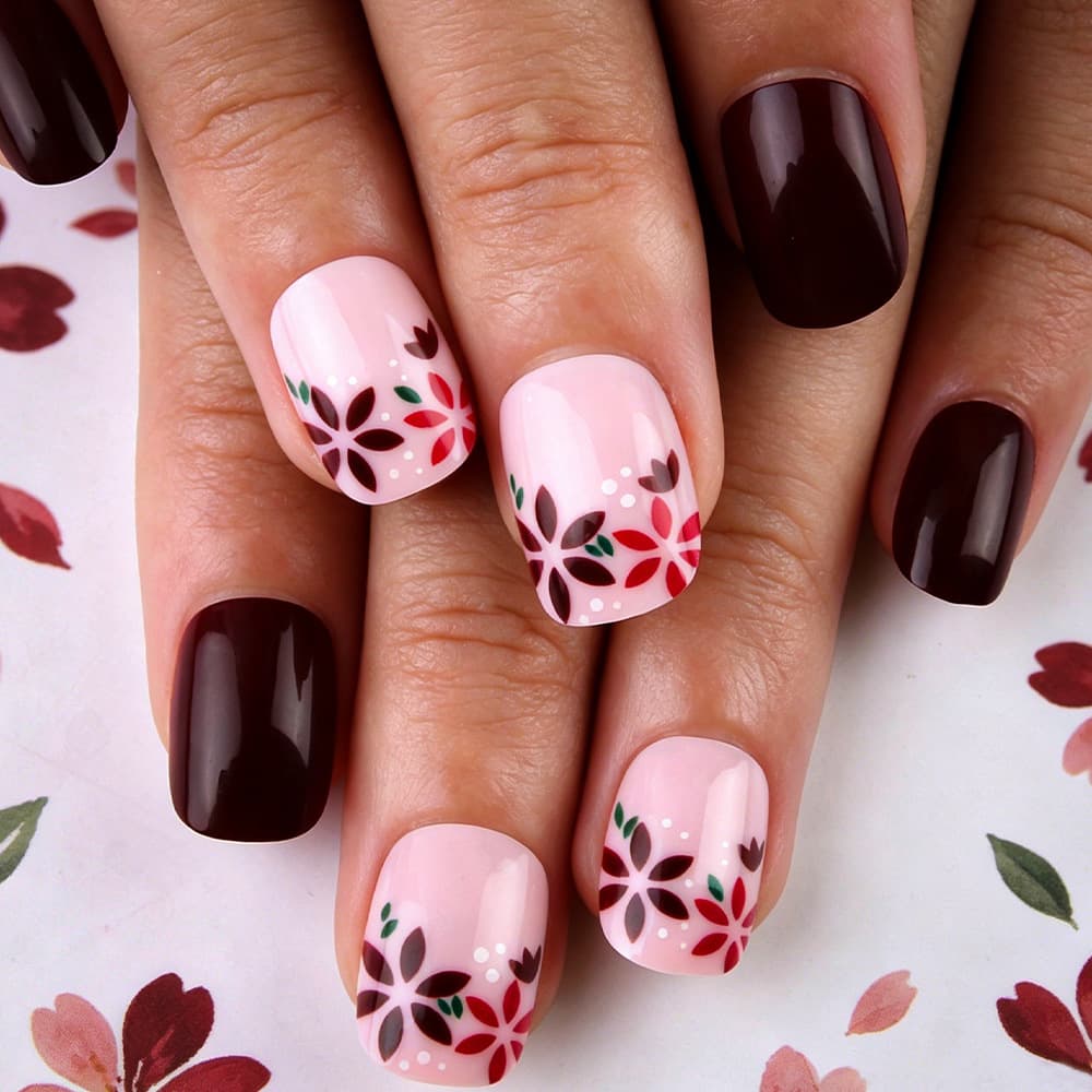 Short Glossy Autumn and Winter Leaf Nail Art for Daily Wear, Contrasting Color Flower Polka Dot Simple Fake Nails, 24-Piece Nail Set