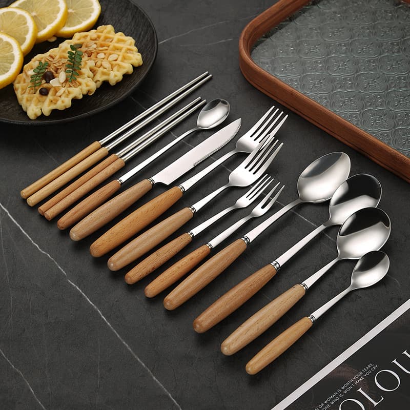 Beech Wood Handle 410 Stainless Steel Chinese Western Tableware Household Portable 3-Piece Set Western Steak Knife Fork Spoon Wholesale