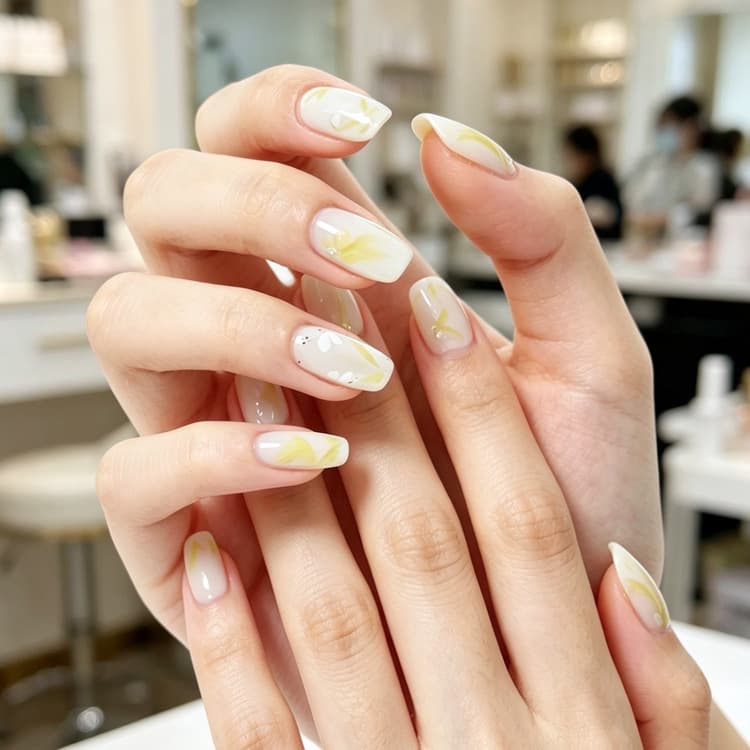 Summer New Hand-Painted Small Flower Wearable Nails Matte Fresh Nail Stickers Gentle Light Yellow Pearl Fake Nail Pieces