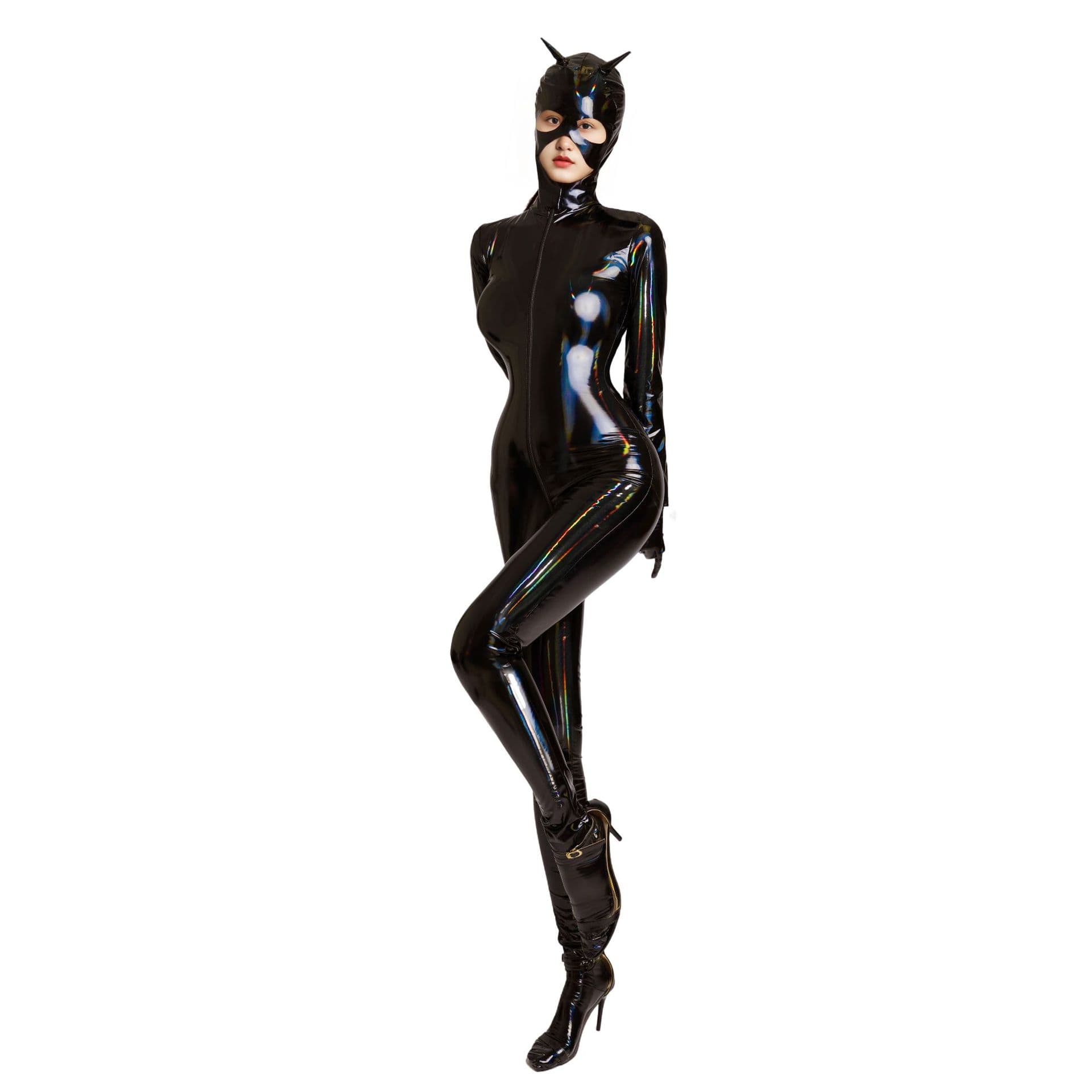 Glossy Patent PU Iridescent Sexy Lingerie for Women, Zipper Crotchless Nightclub Catwoman Bodysuit Leather Jumpsuit
