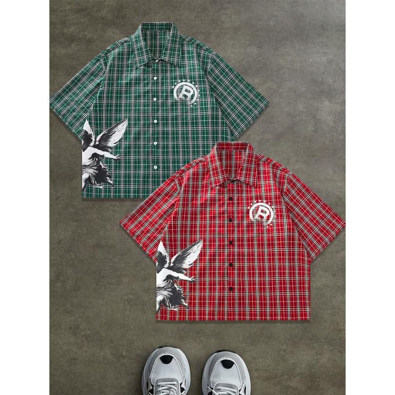 Plaid Short-Sleeve Shirt for Men and Women Angel Print Loose Half-Sleeve Summer Casual Top 3D Digital Print Wholesale
