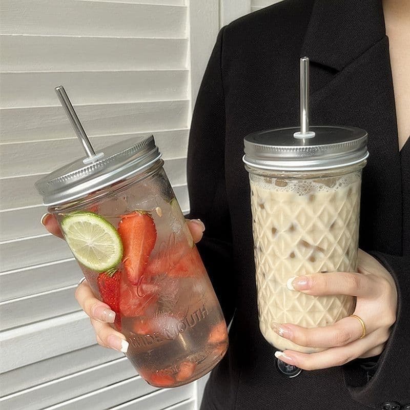 High-Glass Glass Straw Cup, Large Capacity Milk Tea Cup, Mason Jar, American-Style DIY Cold Drink Cup, Water Cup